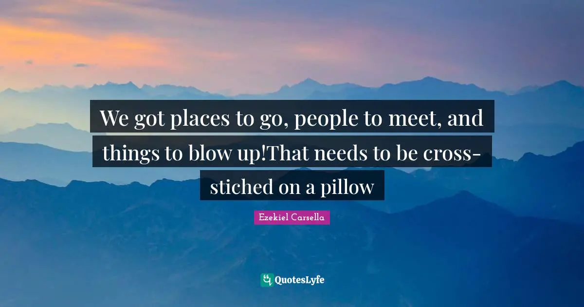 We got places to go, people to meet, and things to blow up!That needs to be cross-stiched on a pillow