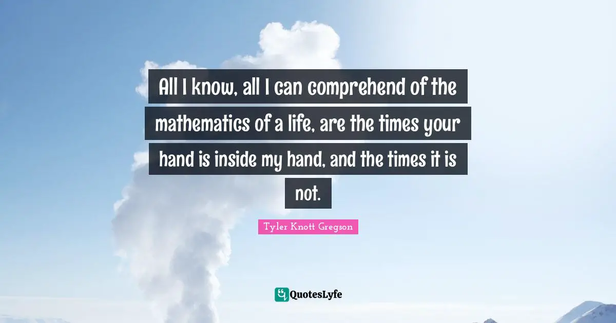 All I know, all I can comprehend of the mathematics of a life, are the times your hand is inside my hand, and the times it is not.