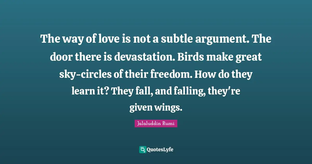 The way of love is not a subtle argument. The door there is devastation. Birds make great sky-circles of their freedom. How do they learn it? They fall, and falling, they're given wings.