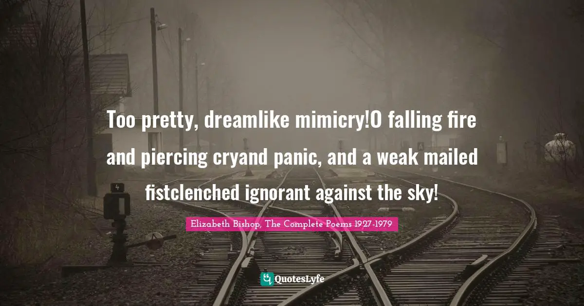 Elizabeth Bishop Quotes: "Too pretty, dreamlike mimicry!O falling fire and piercing cryand panic, and a weak mailed fistclenched ignorant against the sky!"