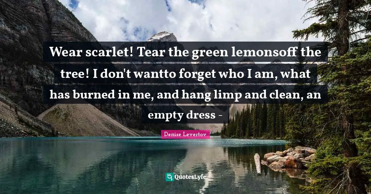 Wear scarlet! Tear the green lemonsoff the tree! I don't wantto forget who I am, what has burned in me, and hang limp and clean, an empty dress -