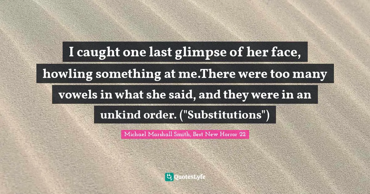 I caught one last glimpse of her face, howling something at me.There were too many vowels in what she said, and they were in an unkind order. ("Substitutions")