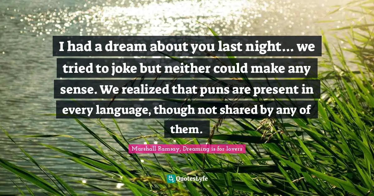 Dreaming Dreams Quotes: "I had a dream about you last night... we tried to joke but neither could make any sense. We realized that puns are present in every language, though not shared by any of them."