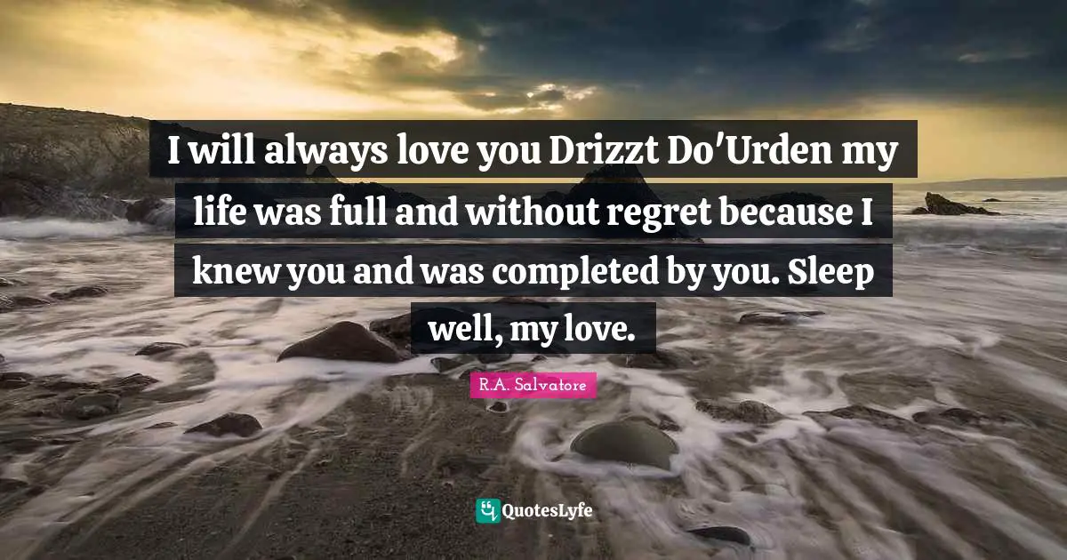 King Quotes: "I will always love you Drizzt Do'Urden my life was full and without regret because I knew you and was completed by you. Sleep well, my love."