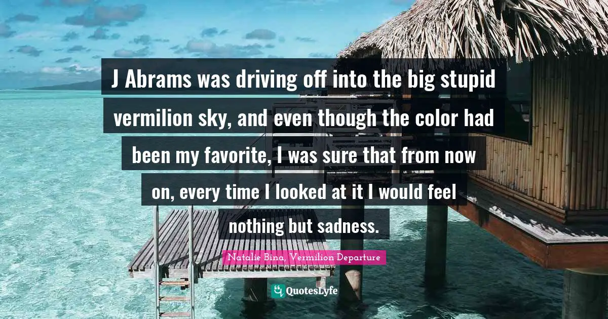 J Abrams was driving off into the big stupid vermilion sky, and even though the color had been my favorite, I was sure that from now on, every time I looked at it I would feel nothing but sadness.