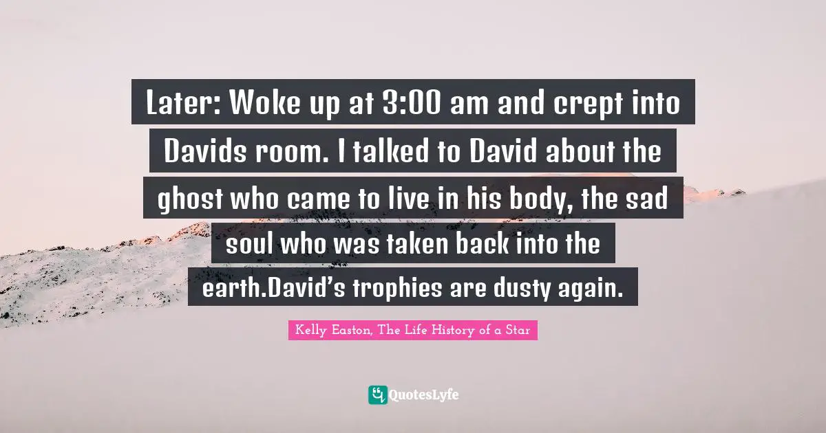 Later: Woke up at 3:00 am and crept into Davids room. I talked to David about the ghost who came to live in his body, the sad soul who was taken back into the earth.David’s trophies are dusty again.