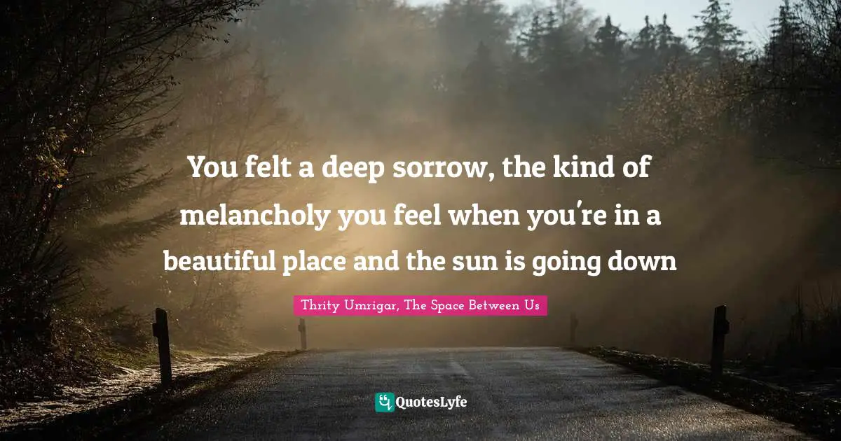 Thrity Umrigar, The Space Between Us Quotes: "You felt a deep sorrow, the kind of melancholy you feel when you're in a beautiful place and the sun is going down"