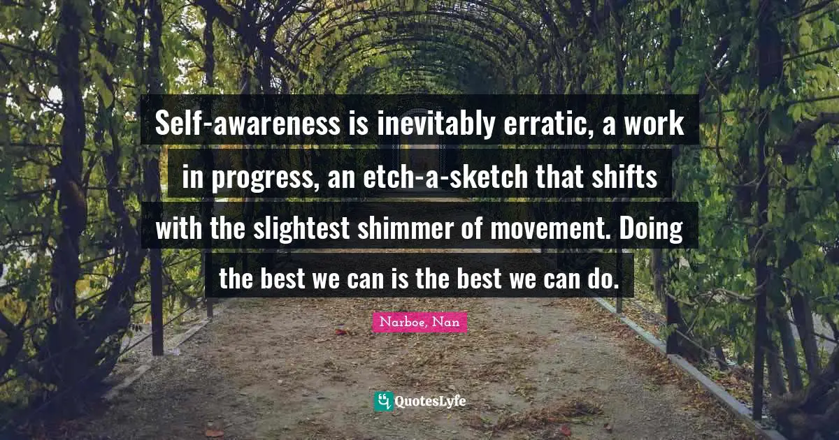 Self-awareness is inevitably erratic, a work in progress, an etch-a-sketch that shifts with the slightest shimmer of movement. Doing the best we can is the best we can do.