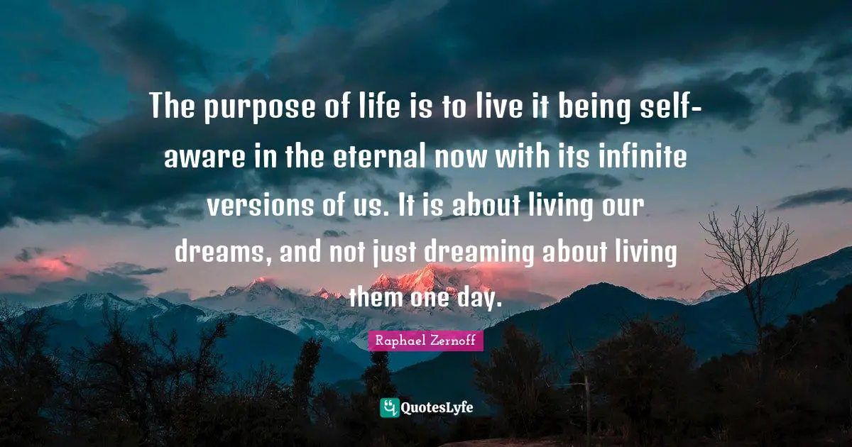 The purpose of life is to live it being self-aware in the eternal now with its infinite versions of us. It is about living our dreams, and not just dreaming about living them one day.