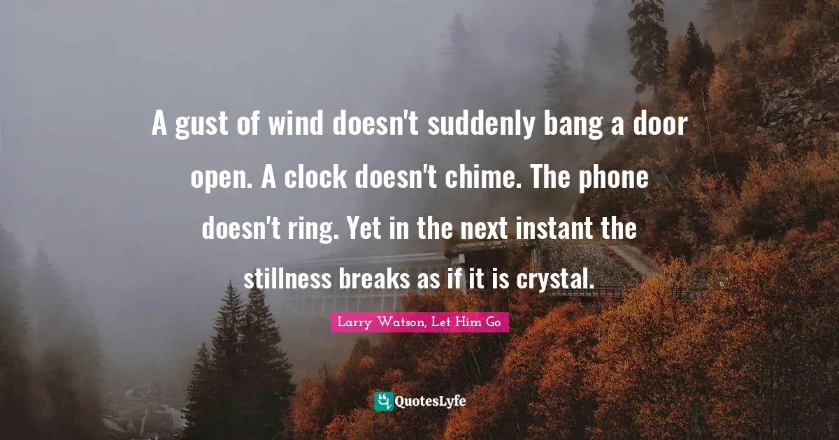 A gust of wind doesn't suddenly bang a door open. A clock doesn't chime. The phone doesn't ring. Yet in the next instant the stillness breaks as if it is crystal.