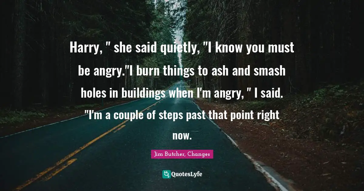 Harry, " she said quietly, "I know you must be angry."I burn things to ash and smash holes in buildings when I'm angry, " I said. "I'm a couple of steps past that point right now.