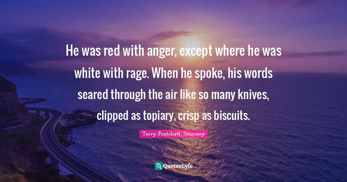 He was red with anger, except where he was white with rage. When he spoke, his words seared through the air like so many knives, clipped as topiary, crisp as biscuits.