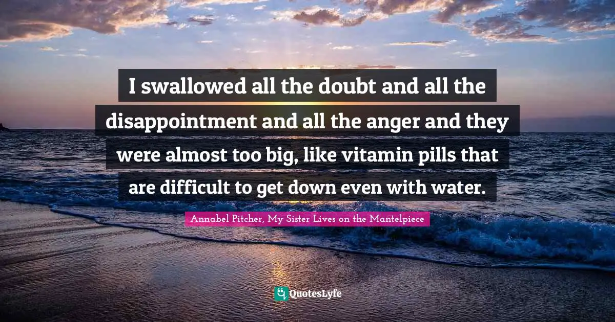 I swallowed all the doubt and all the disappointment and all the anger and they were almost too big, like vitamin pills that are difficult to get down even with water.