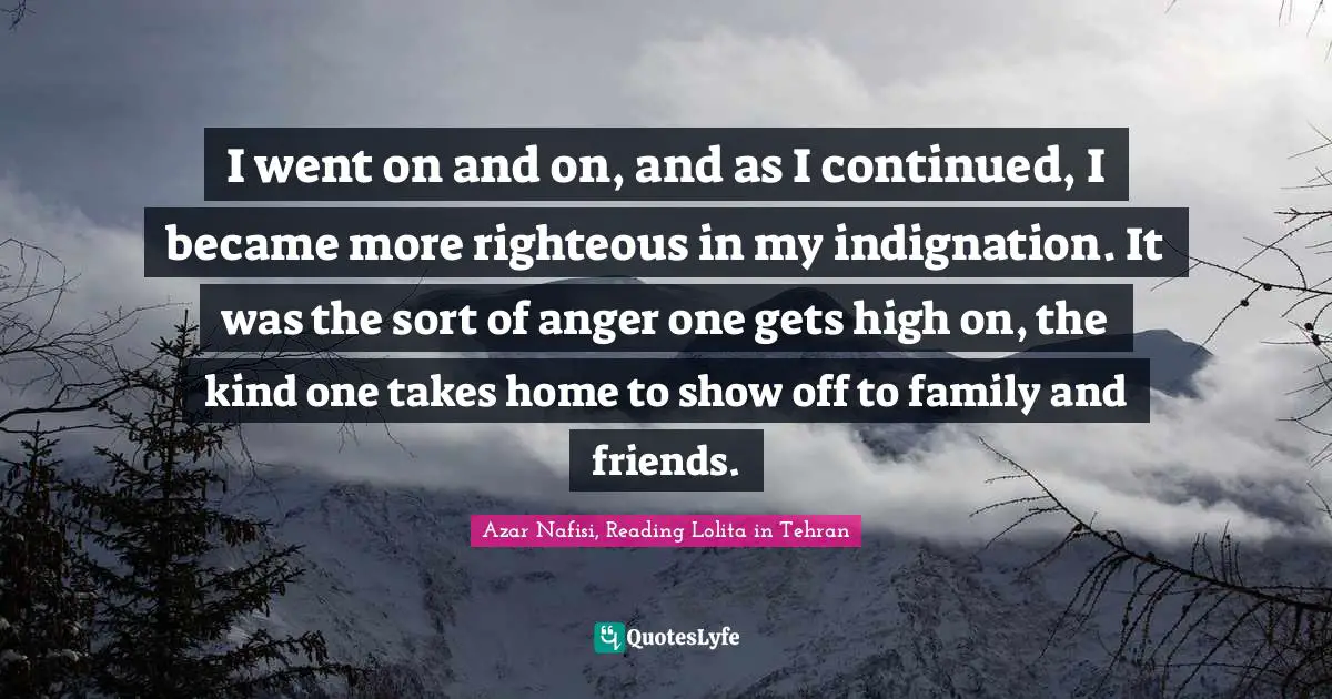 I went on and on, and as I continued, I became more righteous in my indignation. It was the sort of anger one gets high on, the kind one takes home to show off to family and friends.