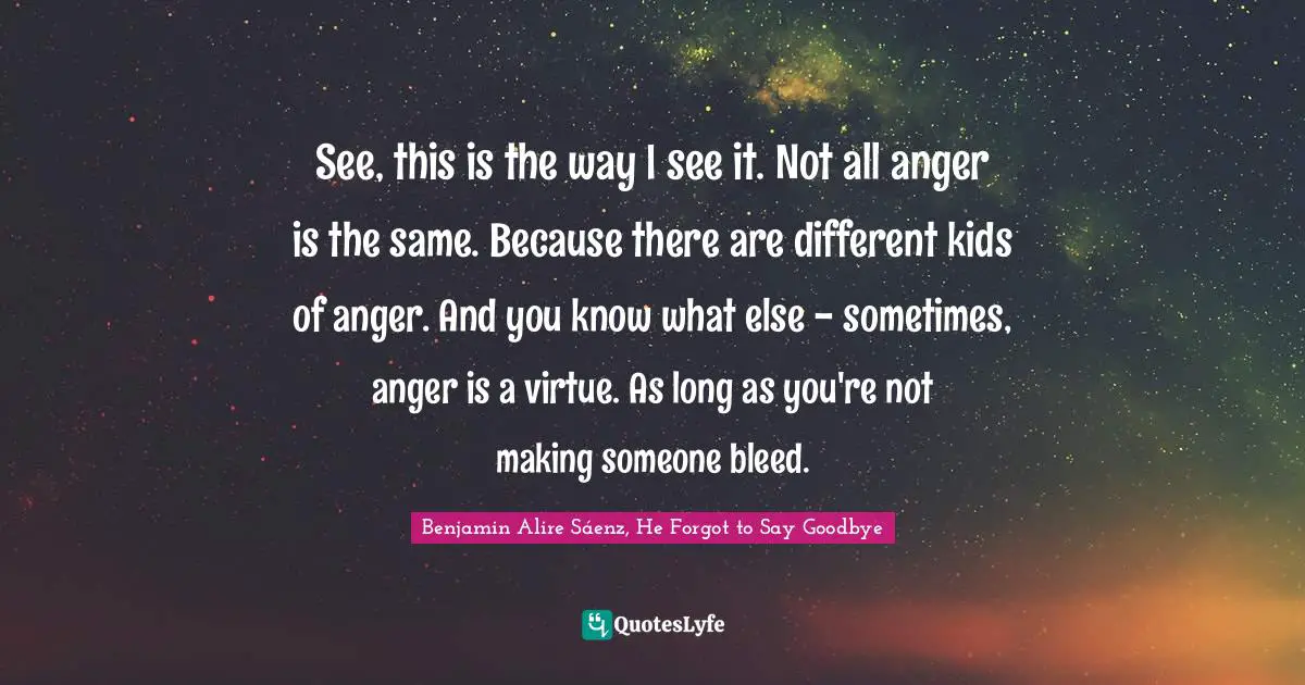 See, this is the way I see it. Not all anger is the same. Because there are different kids of anger. And you know what else - sometimes, anger is a virtue. As long as you're not making someone bleed.