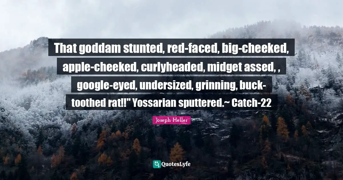 That goddam stunted, red-faced, big-cheeked, apple-cheeked, curlyheaded, midget assed, , google-eyed, undersized, grinning, buck-toothed rat!!" Yossarian sputtered.~ Catch-22