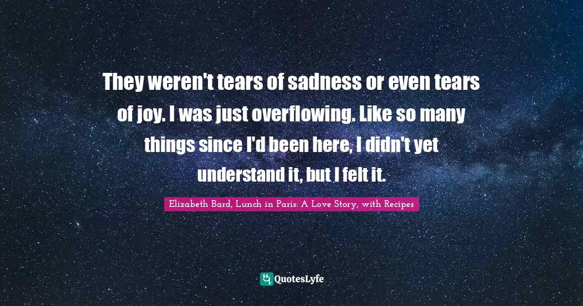 They weren't tears of sadness or even tears of joy. I was just overflowing. Like so many things since I'd been here, I didn't yet understand it, but I felt it.