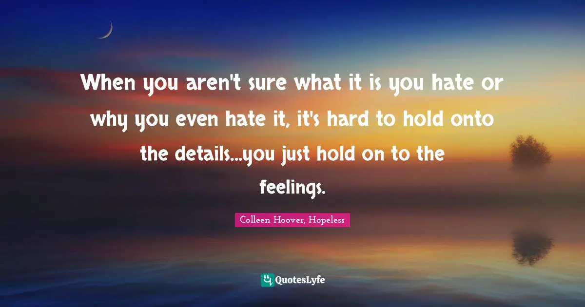 Colleen Hoover, Hopeless Quotes: When you aren't sure what it is you hate or why you even hate it, it's hard to hold onto the details...you just hold on to the feelings.