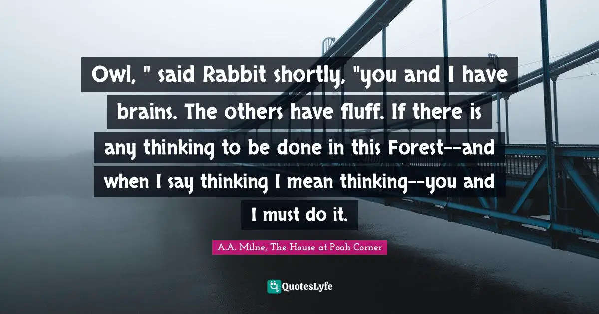 E.J.H. Corner Quotes: "Owl, " said Rabbit shortly, "you and I have brains. The others have fluff. If there is any thinking to be done in this Forest--and when I say thinking I mean thinking--you and I must do it."