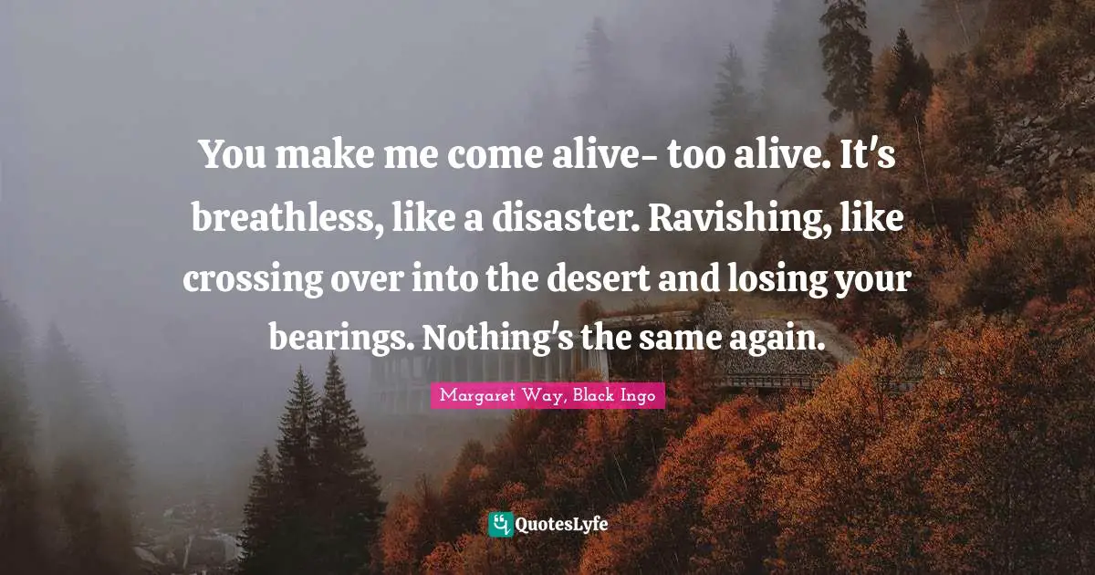 You make me come alive- too alive. It's breathless, like a disaster. Ravishing, like crossing over into the desert and losing your bearings. Nothing's the same again.