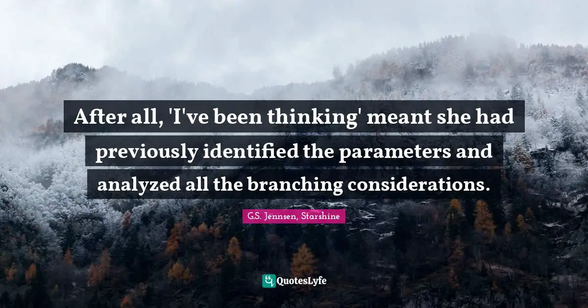 After all, 'I've been thinking' meant she had previously identified the parameters and analyzed all the branching considerations.