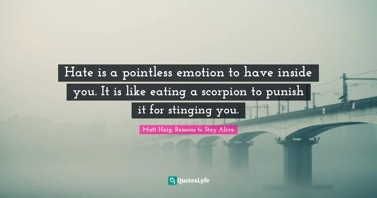 Hate is a pointless emotion to have inside you. It is like eating a scorpion to punish it for stinging you.