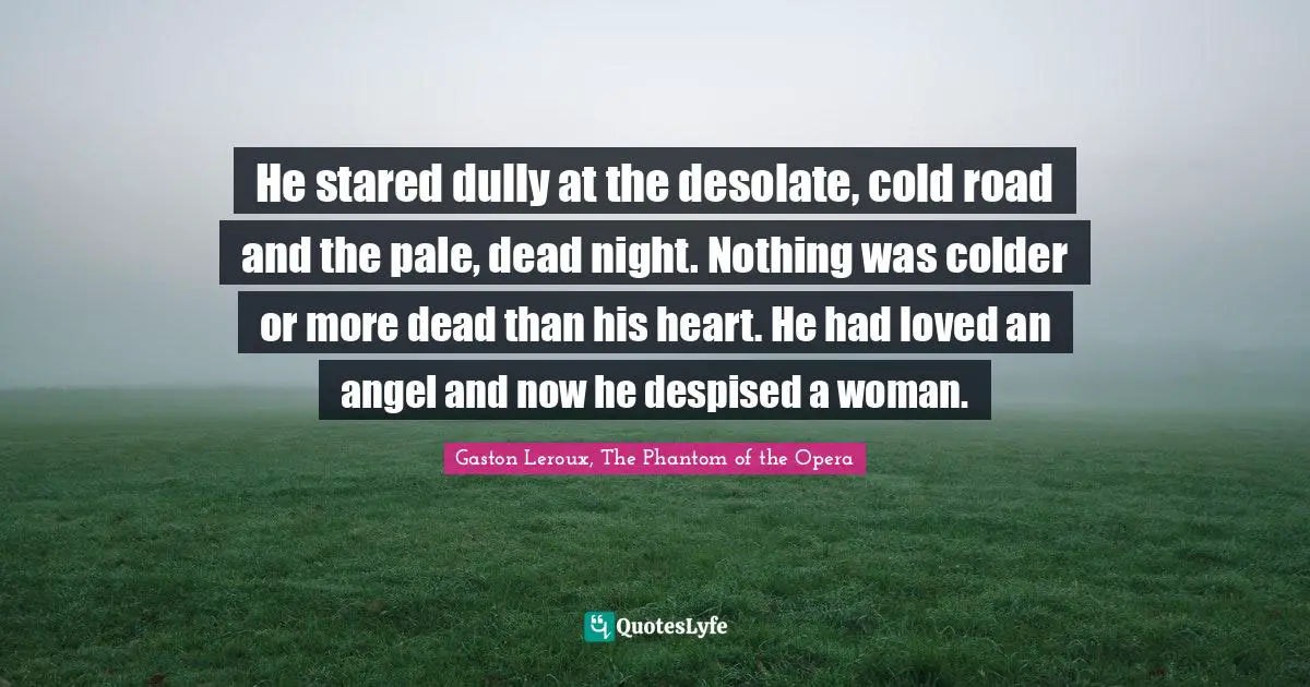 He stared dully at the desolate, cold road and the pale, dead night. Nothing was colder or more dead than his heart. He had loved an angel and now he despised a woman.