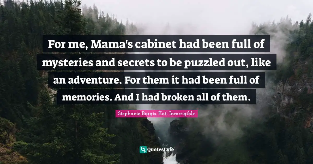For me, Mama's cabinet had been full of mysteries and secrets to be puzzled out, like an adventure. For them it had been full of memories. And I had broken all of them.