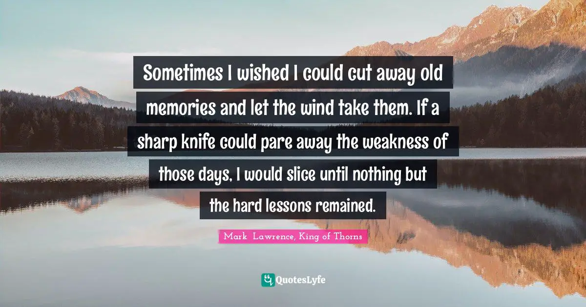 Sometimes I wished I could cut away old memories and let the wind take them. If a sharp knife could pare away the weakness of those days, I would slice until nothing but the hard lessons remained.