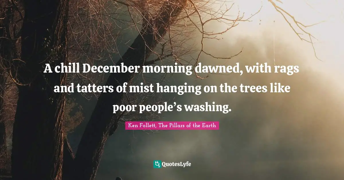 A chill December morning dawned, with rags and tatters of mist hanging on the trees like poor people’s washing.