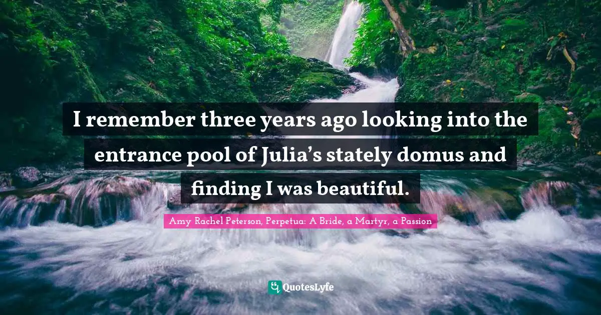 I remember three years ago looking into the entrance pool of Julia’s stately domus and finding I was beautiful.