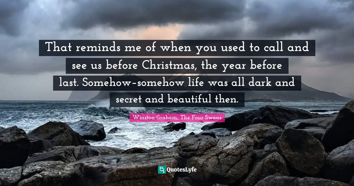 That reminds me of when you used to call and see us before Christmas, the year before last. Somehow–somehow life was all dark and secret and beautiful then.