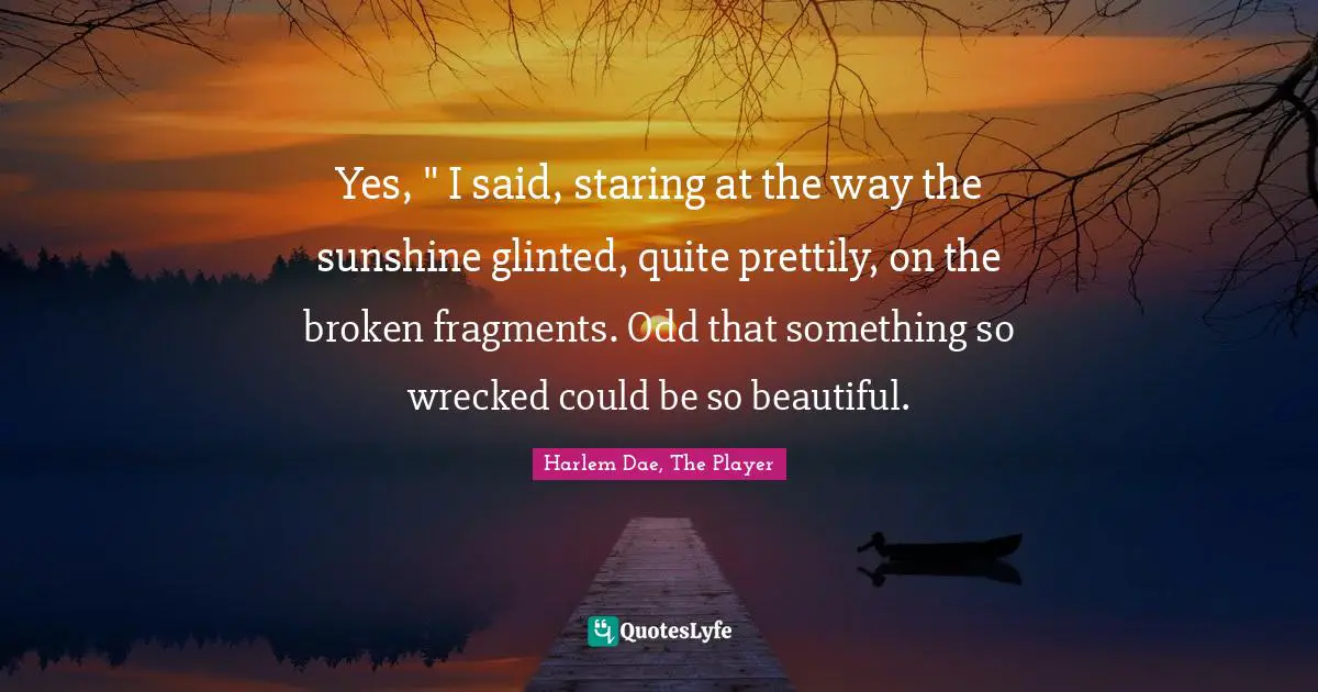 Yes, " I said, staring at the way the sunshine glinted, quite prettily, on the broken fragments. Odd that something so wrecked could be so beautiful.