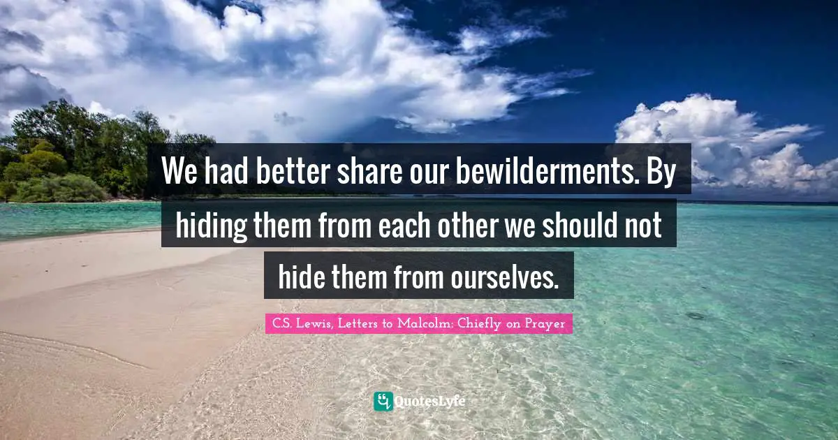 We had better share our bewilderments. By hiding them from each other we should not hide them from ourselves.