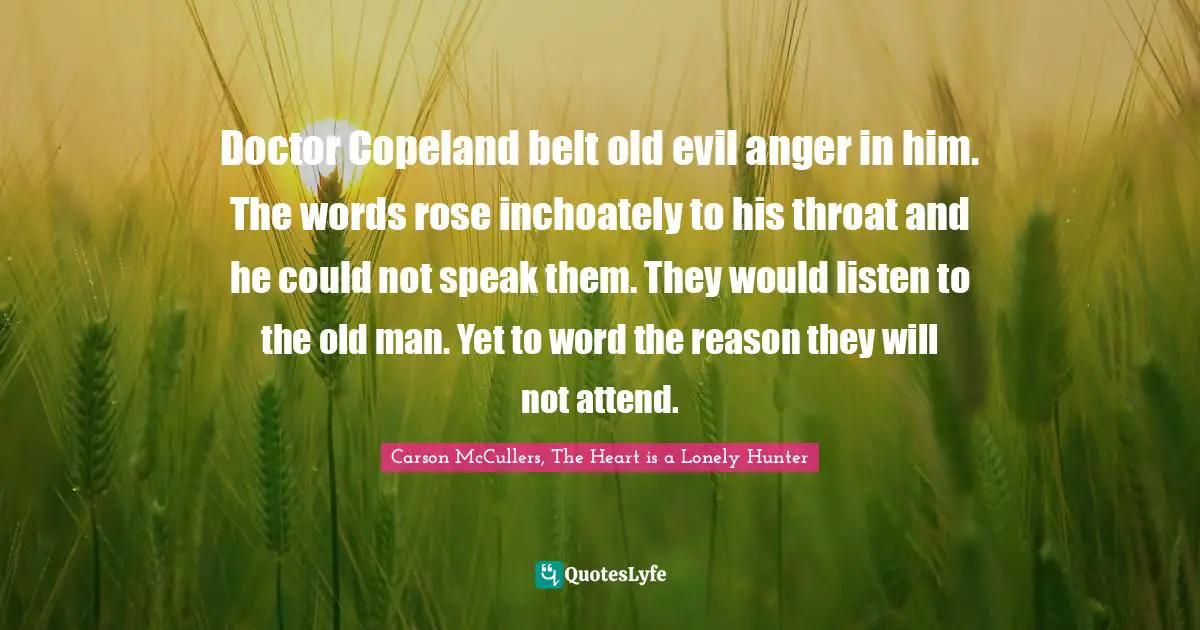 Doctor Copeland belt old evil anger in him. The words rose inchoately to his throat and he could not speak them. They would listen to the old man. Yet to word the reason they will not attend.