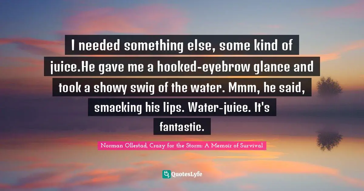 I needed something else, some kind of juice.He gave me a hooked-eyebrow glance and took a showy swig of the water. Mmm, he said, smacking his lips. Water-juice. It's fantastic.