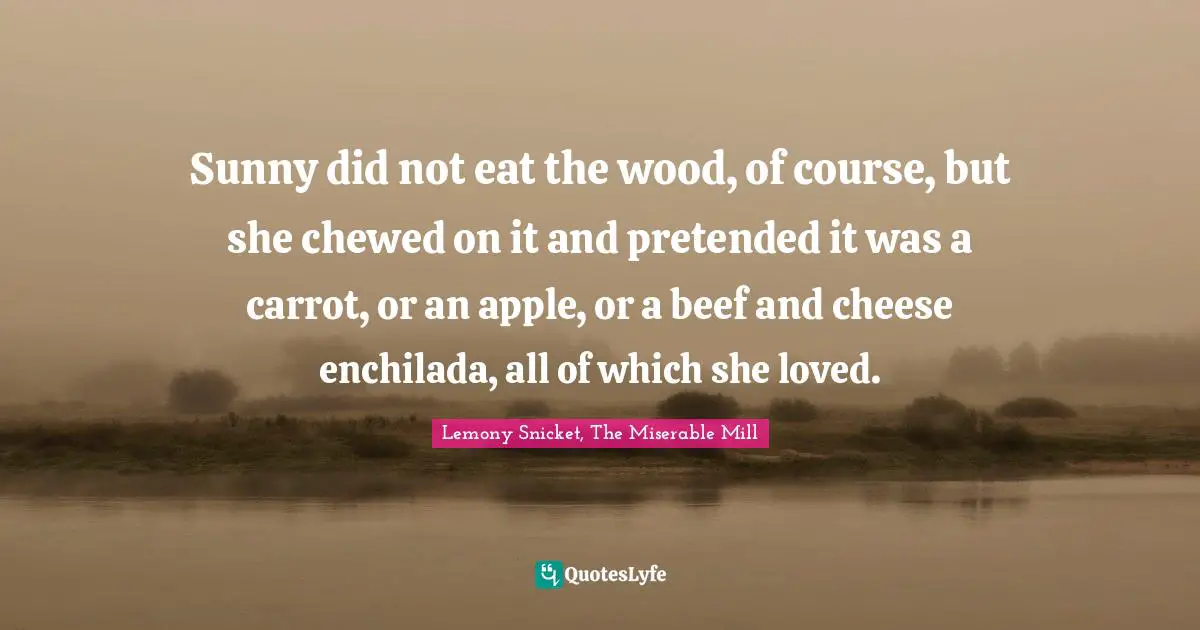 Sunny did not eat the wood, of course, but she chewed on it and pretended it was a carrot, or an apple, or a beef and cheese enchilada, all of which she loved.