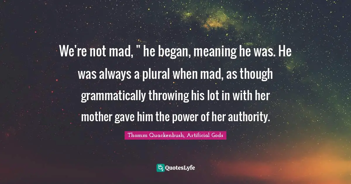 We're not mad, " he began, meaning he was. He was always a plural when mad, as though grammatically throwing his lot in with her mother gave him the power of her authority.