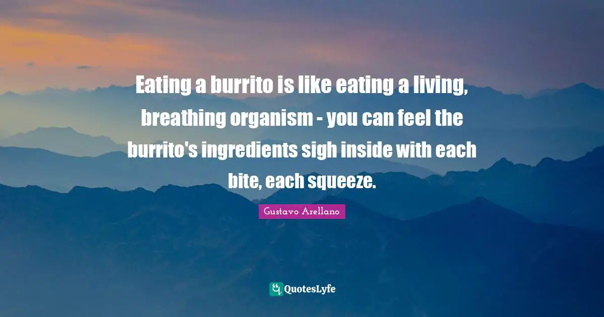 Eating a burrito is like eating a living, breathing organism - you can feel the burrito's ingredients sigh inside with each bite, each squeeze.