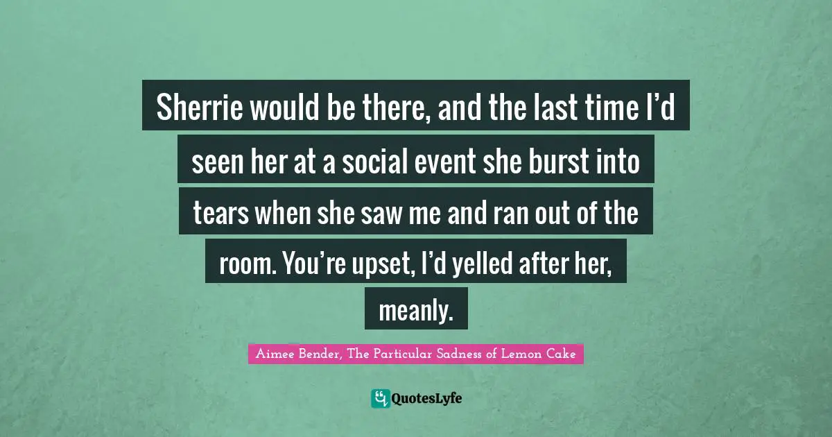 Aimee Bender Quotes: "Sherrie would be there, and the last time I’d seen her at a social event she burst into tears when she saw me and ran out of the room. You’re upset, I’d yelled after her, meanly."