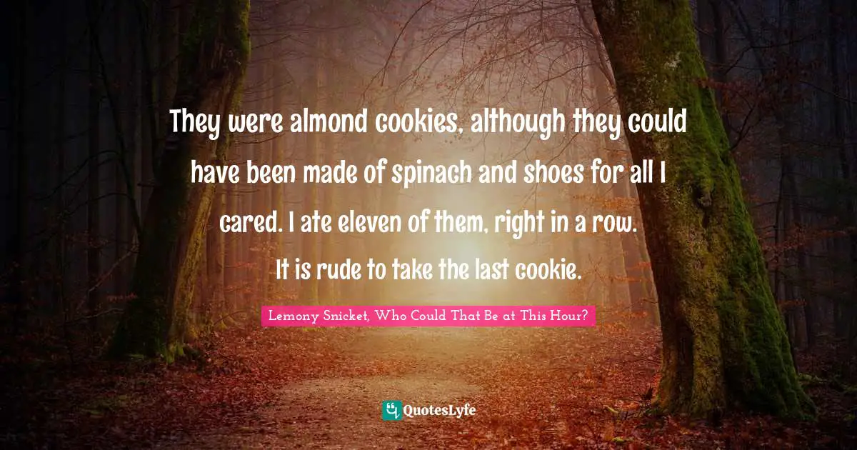 They were almond cookies, although they could have been made of spinach and shoes for all I cared. I ate eleven of them, right in a row. It is rude to take the last cookie.