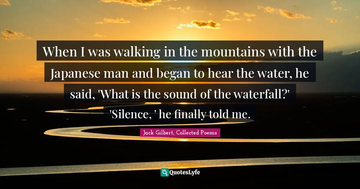 When I was walking in the mountains with the Japanese man and began to hear the water, he said, 'What is the sound of the waterfall?' 'Silence, ' he finally told me.