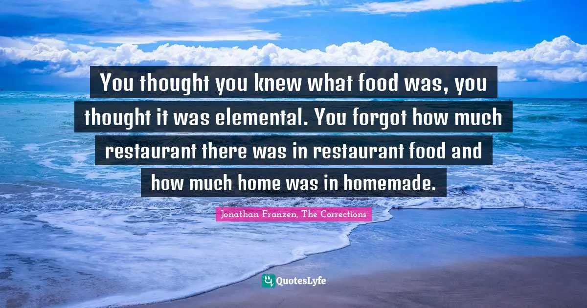 You thought you knew what food was, you thought it was elemental. You forgot how much restaurant there was in restaurant food and how much home was in homemade.