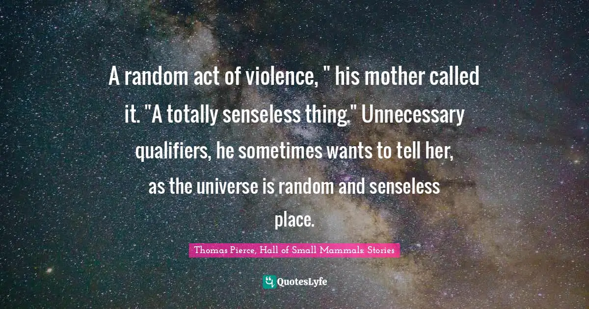 A random act of violence, " his mother called it. "A totally senseless thing." Unnecessary qualifiers, he sometimes wants to tell her, as the universe is random and senseless place.