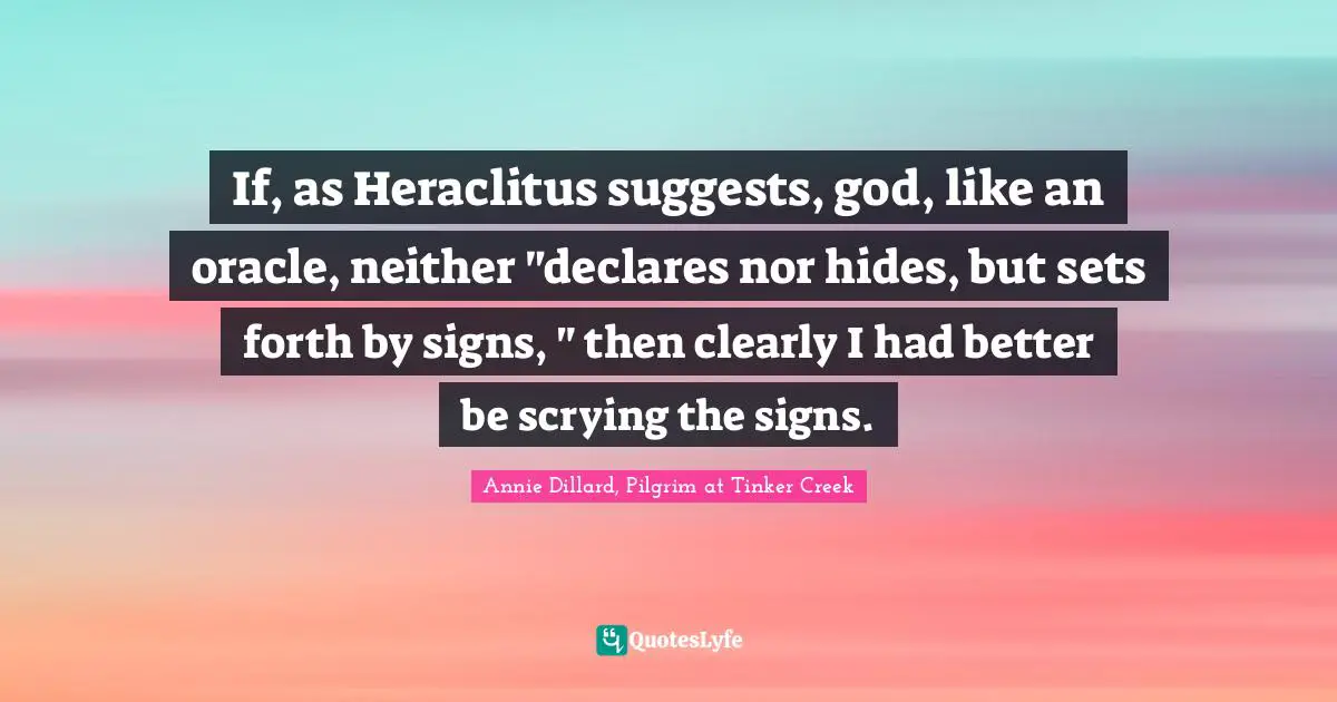 If, as Heraclitus suggests, god, like an oracle, neither "declares nor hides, but sets forth by signs, " then clearly I had better be scrying the signs.