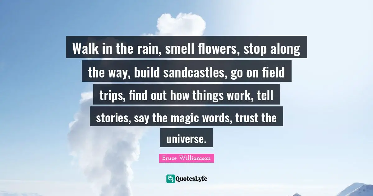 Walk in the rain, smell flowers, stop along the way, build sandcastles, go on field trips, find out how things work, tell stories, say the magic words, trust the universe.