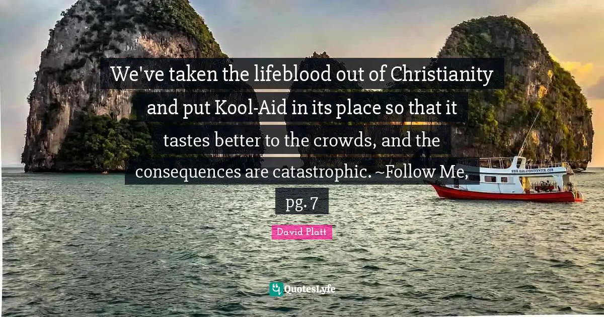 We've taken the lifeblood out of Christianity and put Kool-Aid in its place so that it tastes better to the crowds, and the consequences are catastrophic. ~Follow Me, pg. 7