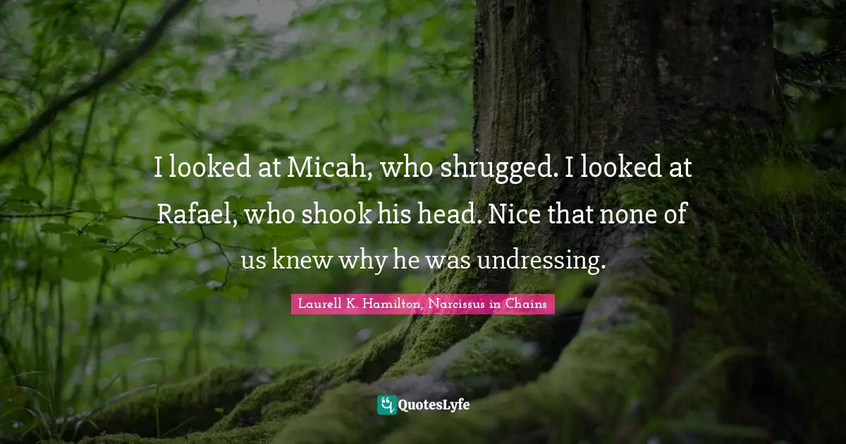 I looked at Micah, who shrugged. I looked at Rafael, who shook his head. Nice that none of us knew why he was undressing.