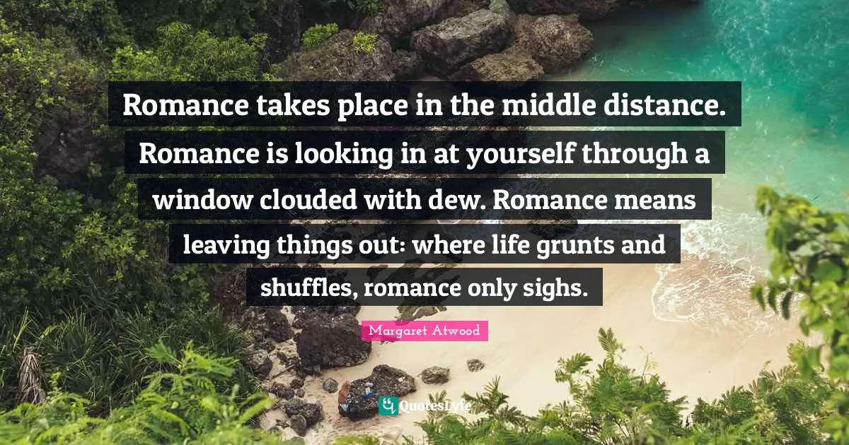 Romance takes place in the middle distance. Romance is looking in at yourself through a window clouded with dew. Romance means leaving things out: where life grunts and shuffles, romance only sighs.