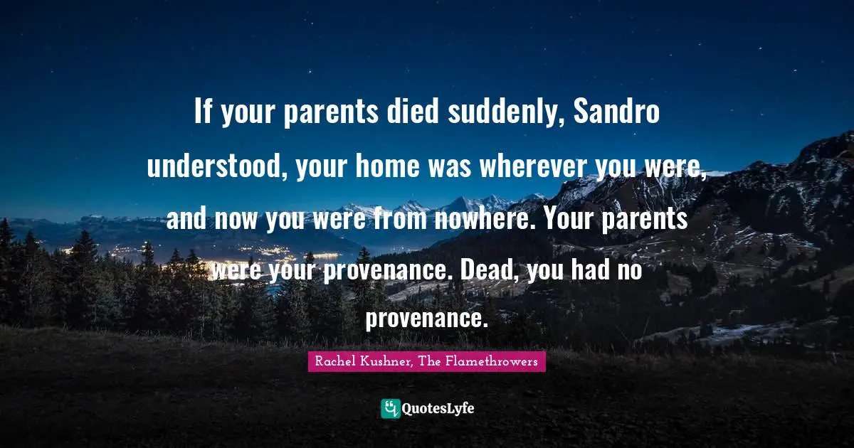 If your parents died suddenly, Sandro understood, your home was wherever you were, and now you were from nowhere. Your parents were your provenance. Dead, you had no provenance.